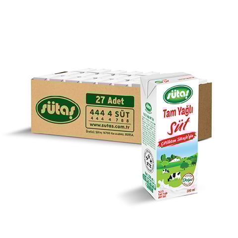 Sütaş Çiftliği’nden evinize taptaze! Soğuk zinciri koruyarak, ekiplerimizle getiriyoruz. Sütaş Tam Yağlı Süt 200 ml (27 adet) hemen satın al, Süt Puan topla!