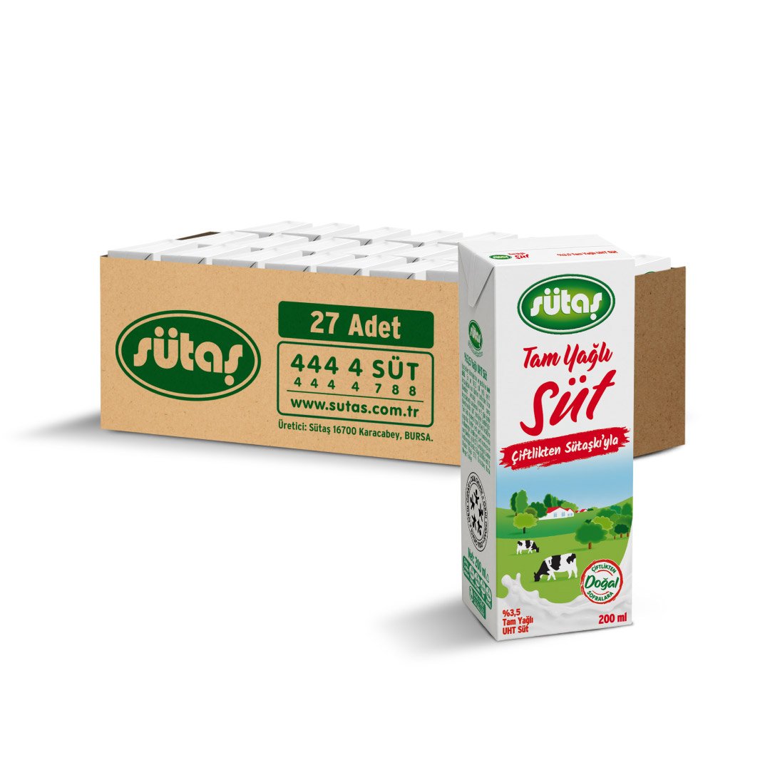 Sütaş Çiftliği’nden evinize taptaze! Soğuk zinciri koruyarak, ekiplerimizle getiriyoruz. Sütaş Tam Yağlı Süt 200 ml (27 adet) hemen satın al, Süt Puan topla!