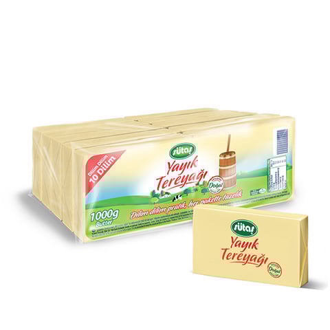 Sütaş Çiftliği’nden evinize taptaze! Soğuk zinciri koruyarak, ekiplerimizle getiriyoruz. Sütaş Dilimli Yayık Tereyağı 1000 g hemen satın al, Süt Puan topla!